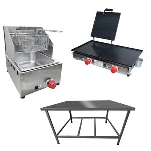 Kit Lanchonete Mesa De Manipulação 100x55cm + Fritadeira A Gás 1 Cuba + Chapa A Gás 60cm Alcamar