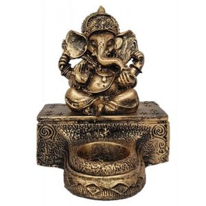 Ganesha Na Base Com Castiçal Dourado Resina 13,5cm