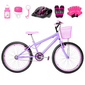 Bicicleta Feminina Aro 24 Aero + Kit Proteção Cor Lilás E Rosa