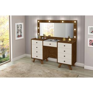 Penteadeira Mila Camarim Com 8 Gavetas E Porta Joias Com Tampo De Vidro Malbec - Off White