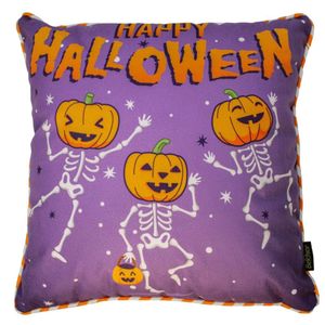 Capa Para Almofada Halloween Abóbora Em Esqueletos 43x43cm Belchior Uniq Lilás, Laranja E Branco