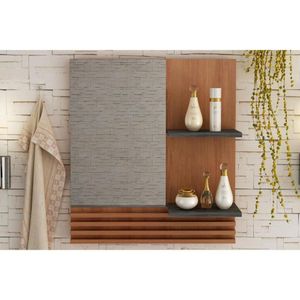 Armário De Banheiro C-espelho Bn3614 2 Prateleiras 60cm Cor Amendoa-marmore Lunar - Tecno Mobili
