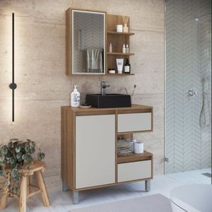 Gabinete De Banheiro 80cm Paula Com Espelheira 01 Porta E Cuba Preta Mel-arenas