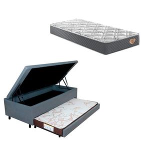 Bicama Box Baú Solteiro 88x188 Cm Em Courino Com Colchão Adapto Molas Ensacadas Ecoflex Cinza