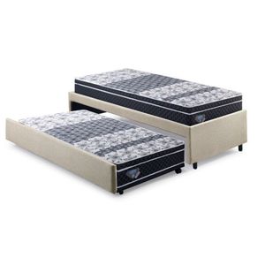 Bicama Box Solteiro 88x188cm Linho Com Dois Colchões Gran Sleep Molas Verticoil Ecoflex Bege-preto