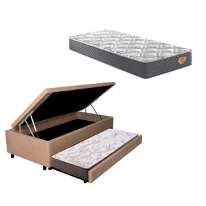 Bicama Box Baú Solteiro 88x188 Cm Em Courino Com Colchão Adapto Molas Ensacadas Ecoflex Bege-cinza
