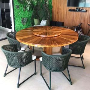 Conjunto De Mesa Em Corda Náutica Jasmin - 6 Cadeiras Com Mesa De Tampo Giratório - Tecido Duna Cru