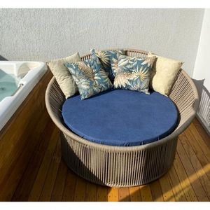 Chaise Palmeira Taça Em Corda Nática Bege - Tecido Lisato Marinho