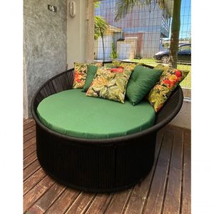 Chaise Palmeira Taça Em Corda Preta - Tecido Lisato Oliva