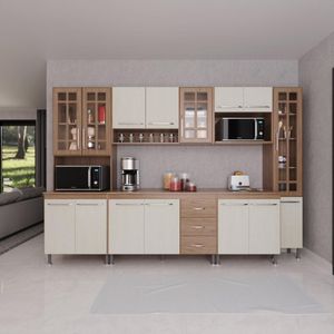 Cozinha Modulada Completa Fidelitá Paris 6 Peças 295cm 15 Portas 3 Gavetas Com Tampo Nogal/salinas