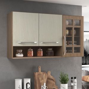 Armário Aéreo Modulado Vazado Com Vidro Fidelitá Paris 120cm 3 Portas Nogal/salinas