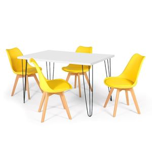 Conjunto Mesa De Jantar Hairpin 130x80 Branca Com 4 Cadeiras Eiffel Leda - Amarelo