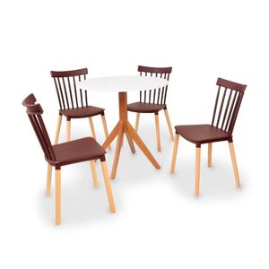 Conjunto Mesa De Jantar Maitê 80cm Branca Com 4 Cadeiras Windsor - Marrom