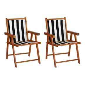 Kit 2 Cadeiras Praia Dobrável Em Madeira Maciça Envernizada Com Tecido Listrado Preto/branco