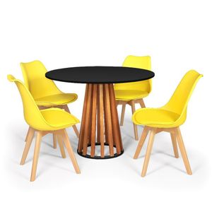 Conjunto Mesa De Jantar Talia Amadeirada Preta 100cm Com 4 Cadeiras Eiffel Leda - Amarelo