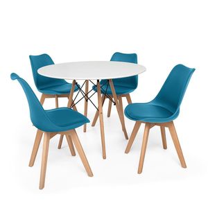 Kit Mesa Jantar Eiffel 80cm Branca + 04 Cadeiras Leda - Turquesa