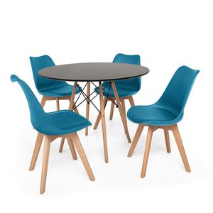 Kit Mesa Jantar Eiffel 120cm Preta + 04 Cadeiras Leda - Turquesa