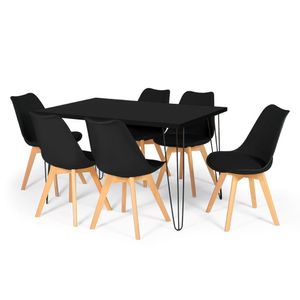 Conjunto Mesa De Jantar Hairpin 130x80 Preta Com 6 Cadeiras Eiffel Leda - Preto