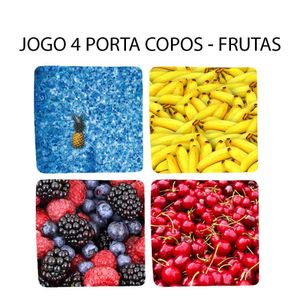 Jogo 4 Porta Copos Coleção Frutas E Flores Quadrado