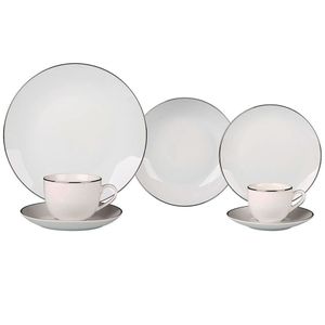 Aparelho De Jantar 42 Peças Em Porcelana Branco Com Prata