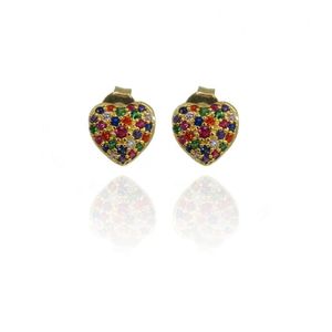 Brinco Pequeno De Coração Com Zircônias Colorido Folheado A Ouro 18k [f027]