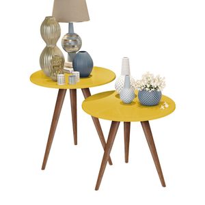 Conjunto Mesa De Canto E Lateral Retrô Pés Palito Amarelo
