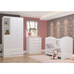 Quarto Infantil com Guarda Roupa 3 Portas Cômoda e Berço Faz de Conta Siena Móveis Flex Color Branco/branco/rosa