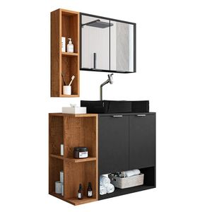 Gabinete Banheiro Star Com Espelheira E Cuba Dalla Preta Preto Fosco/naturale Preto Fosco/naturale