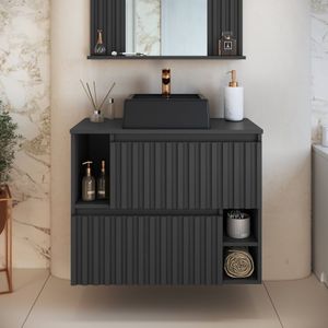 Gabinete De Banheiro Suspenso 75cm Luiza Com 2 Portas Basculante Com Cuba Grafite