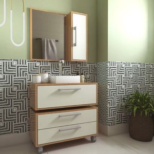 Gabinete Para Banheiro Suspenso 80cm Alice Com Balcão 2 Gavetas E Espelheira Sem Cuba Mel/arenas