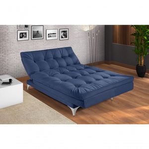 Sofá Cama Versátil 3 Lugares Império Reclinável Casal Pés De Alumínio Suede Azul Marinho 375