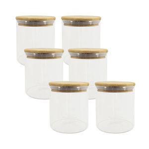 6 Potes De Vidro Com Tampa De Bambu Oikos 500ml Hermético Redondo