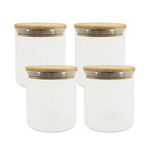 4 Potes De Vidro Com Tampa De Bambu Oikos 500ml Hermético Redondo