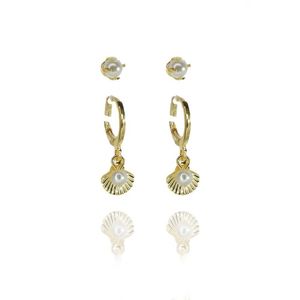 Duo Argolinha De Concha E Pérolas Folheado A Ouro 18K
