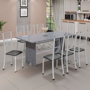 Conjunto De Mesa Tampo De Granito Ocre Com 8 Cadeiras Lorena Preto Liso/branco
