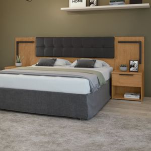 Cabeceira Casal Queen 160cm 2 Mesas De Cabeceiras Calitan Amêndoa Clean-preto Fosco