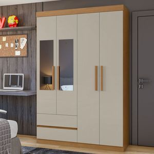 Guarda-roupa 4 Portas 2 Gavetas Zeus Com Espelho Amêndoa Clean-off White