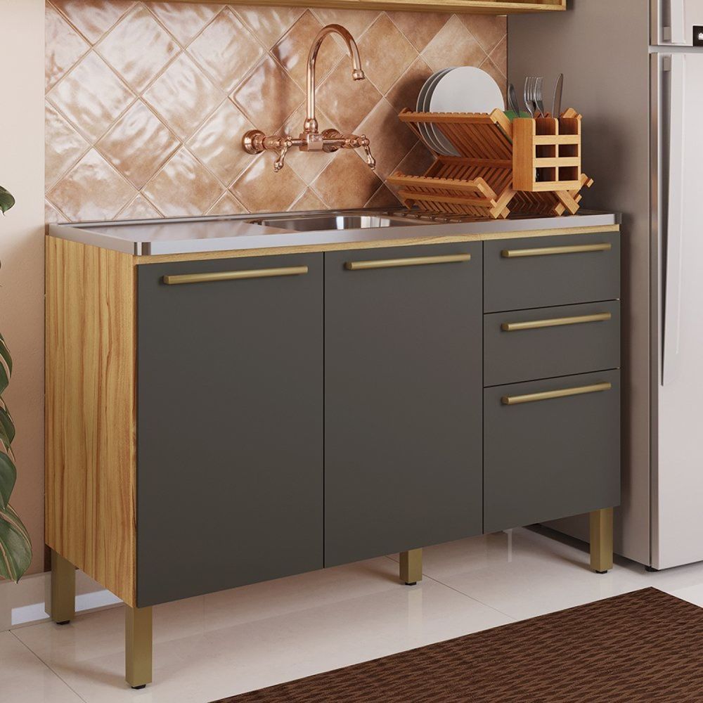Balcão De Cozinha Para Pia 120cm Com 3 Portas 2 Gavetas Sem Tampo 100% Mdf Itália Amêndoa-chumbo Menor preço em Balcão De Cozinha Para Pia 120cm Com 3 Portas 2 Gavetas Sem Tampo 100% Mdf Itália Amêndoa-chumbo
