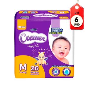 Kit C/06 Cremer Prática Fralda Infantil Jumbo M C/26