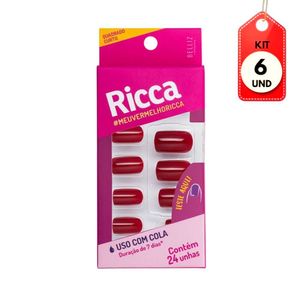 Kit C/06 Ricca Unhas Postiças Vermelho Bordo Sem Cola C/24