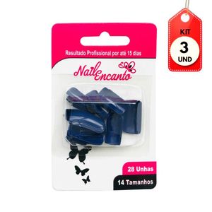Kit C/03 Nail Encanto Colors Azul Unhas Postiças C/28