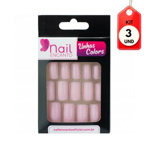 Kit C/03 Fhaces Nail Encanto Colors Unhas Postiças Longa Rosa