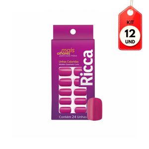 Kit C/12 Ricca Unhas Postiças Rosa Magia Sem Cola C/24