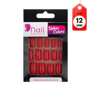 Kit C/12 Fhaces Nail Encanto Colors Unhas Postiças Longa Vermelho