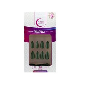 Fhaces Verde Militar Unhas Postiças Stiletto C/28