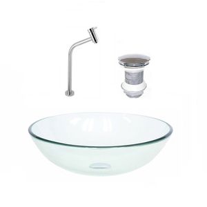 Kit Cuba Vidro Redonda 42cm Torneira E Válvula Incolor