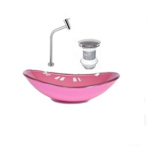 Kit Cuba Vidro Oval 47cm Torneira E Válvula Rosa