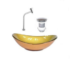 Kit Cuba Vidro Oval 47cm Torneira E Válvula Dourado Real