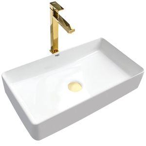 Kit Cuba Pia Louça Cerâmica Banheiro C/ Torn E Vál Dourada 1