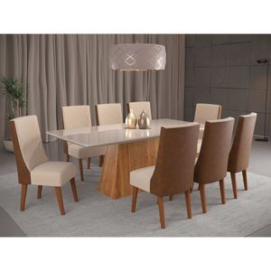 Mesa De Jantar Retangular Splendore Com 8 Cadeiras Topazio Mel/off/linho Bronze